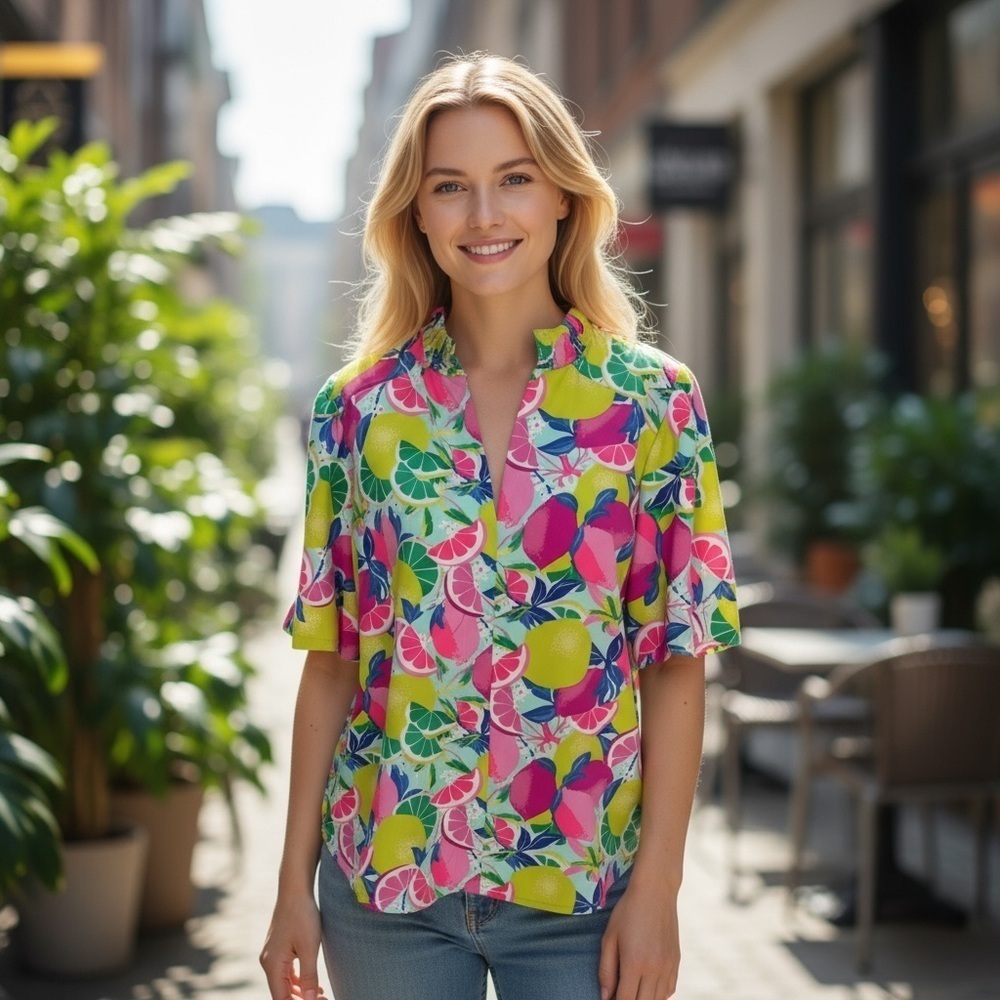 Umgee Size‎ M Citrus Fruit Print Flutter Sleeve Split Neck Blouse Boutique Top